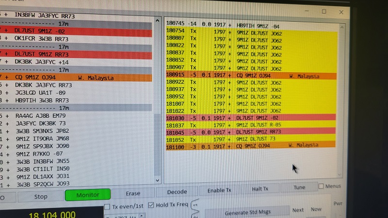 Auf 17m gelang auf Anhieb ein FT8-QSO mit Malaysia